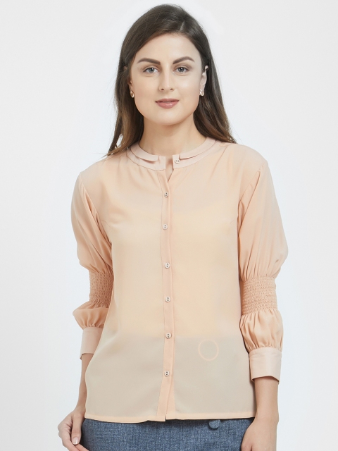 

Soie Women Peach-Coloured Solid Shirt Style Top