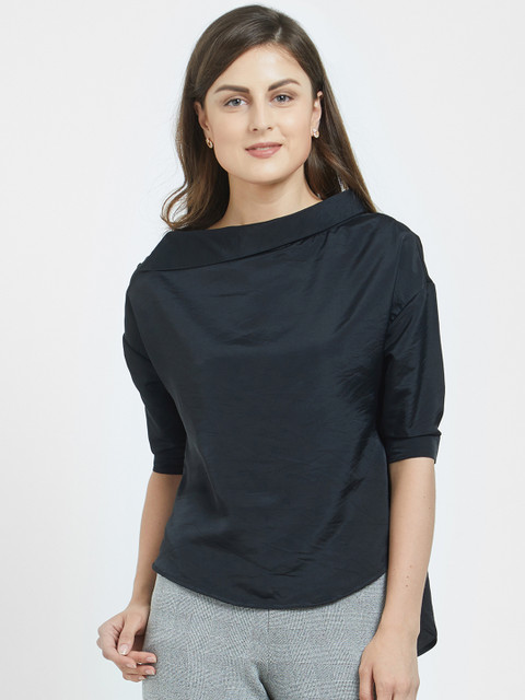 

Soie Women Navy Blue Solid High-Low Top