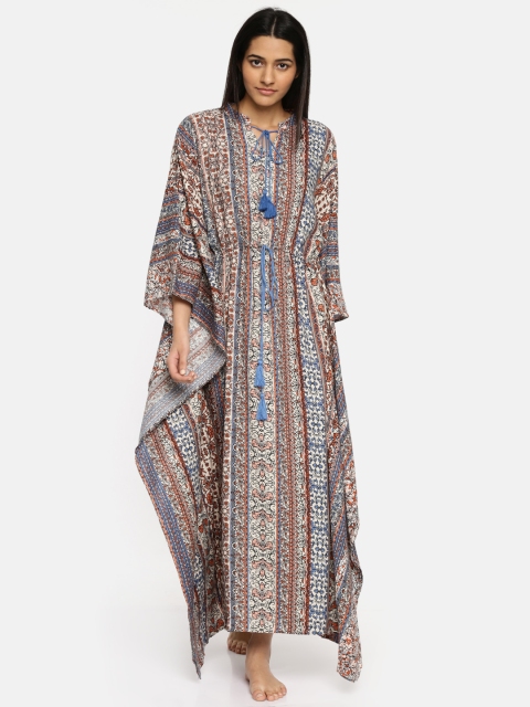 

The Kaftan Company Off-White & Blue Printed Nightdress