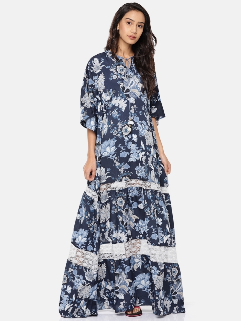 

The Kaftan Company Women Navy Blue Semi-Sheer Printed Maxi Cover-Up Dress RW_PY_BALI03