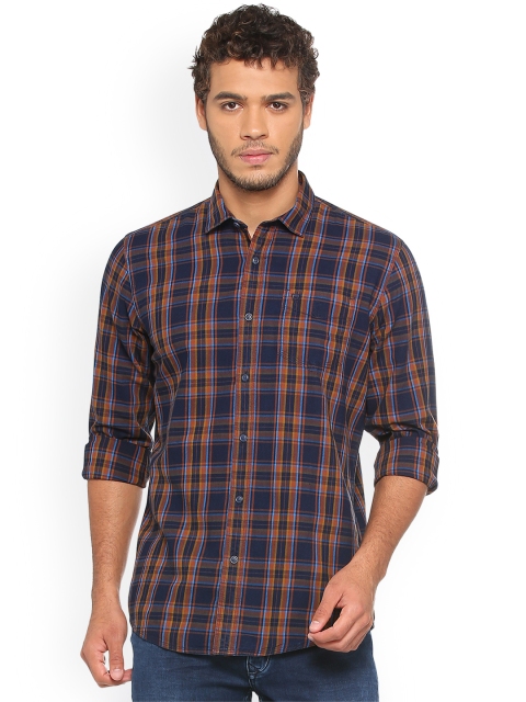 

Solly Jeans Co. Men Navy Blue & Mustard Slim Fit Checked Casual Shirt