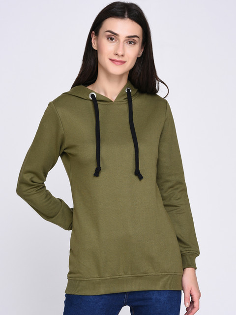

Rigo Women Olive Green Solid Hooded Fleece Sweatshirt