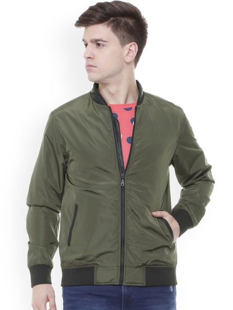 

People Men Olive Green Solid Bomber