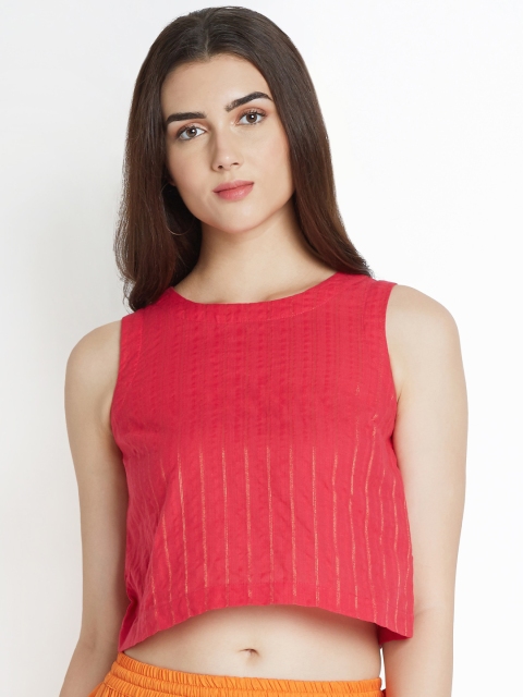 

AKKRITI BY PANTALOONS Women Red Striped Boxy Pure Cotton Top