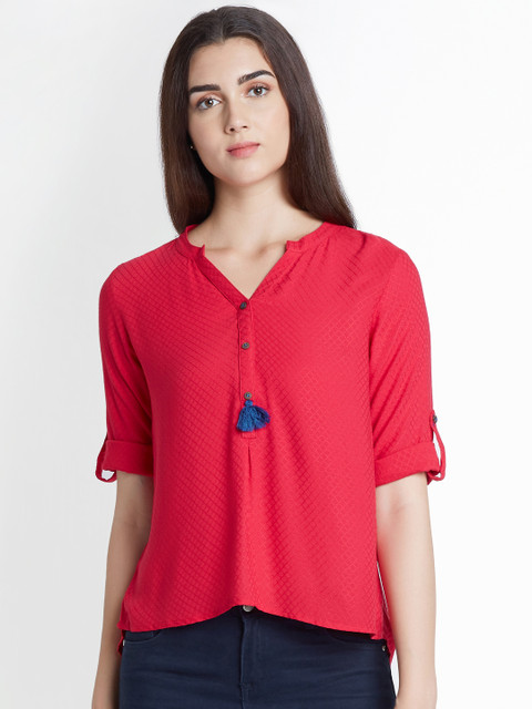 

AKKRITI BY PANTALOONS Women Red Self Design High-Low Top