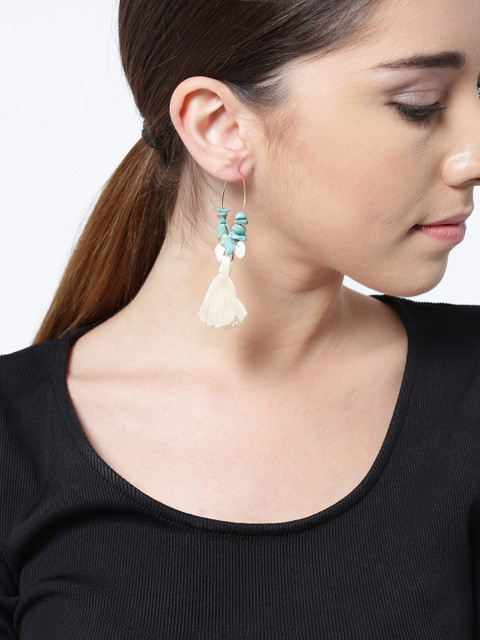 

PRITA Blue & Cream-Coloured Silver-Plated Beaded Handcrafted Tasselled Hoop Earrings