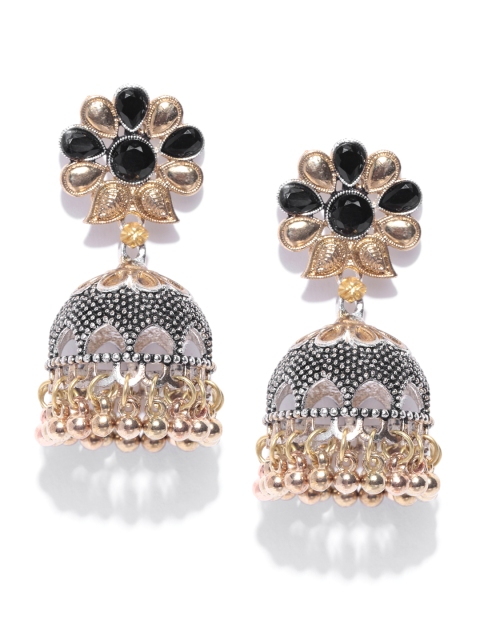 

PRITA Gold-Toned & Black Oxidised Silver-Plated German Silver Dome Shaped Jhumkas