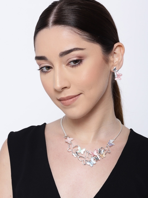

PRITA Pink & Blue Silver-Plated Butterfly-Shaped Enamelled Jewellery Set