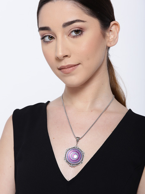 

Priyaasi Purple & Blue Oxidised Silver-Plated Pendant with Chain