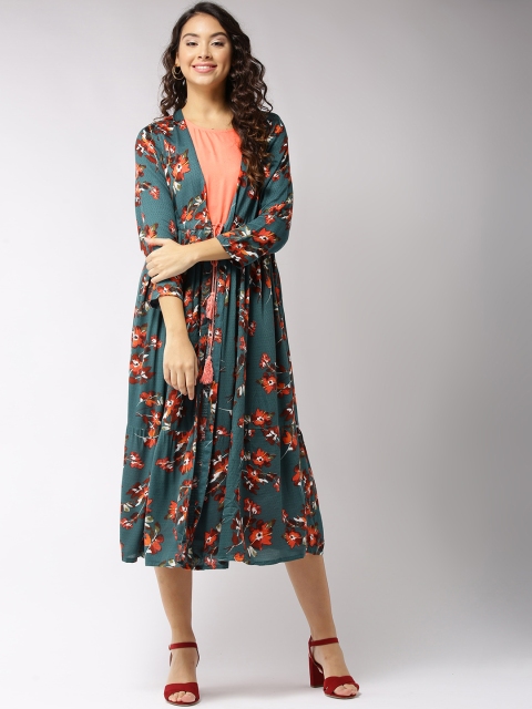 

Sera Women Teal Blue & Coral Orange Printed Layered A-Line Dress