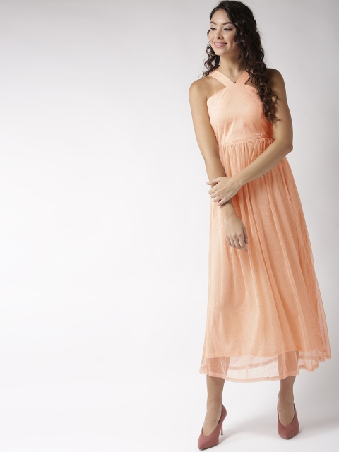 

Sera Women Peach-Coloured & Golden Printed Net Maxi Dress