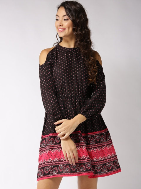 

Sera Women Black & Pink Printed Cold-Shoulder Fit & Flare Dress