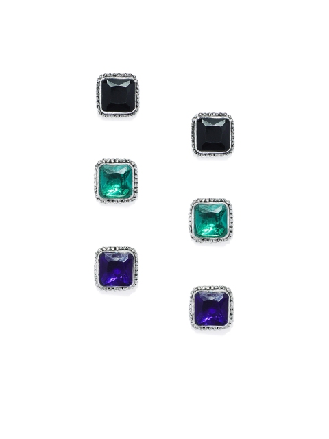 

Zaveri Pearls Set of 3 Silver- Plated Square Studs