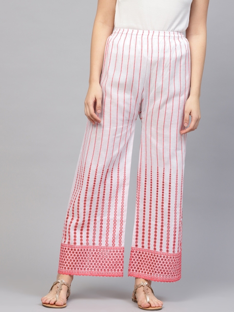 

Ishin Women White & Coral Pink Schiffli Embroidered Straight Palazzos