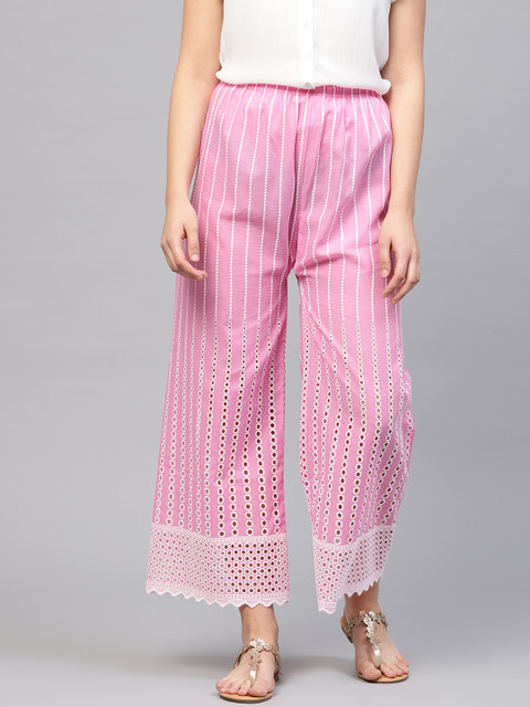 

Ishin Women Pink & White Schiffli Embroidered Straight Palazzos
