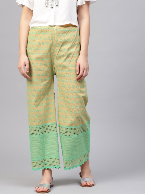 

Ishin Women Beige & Sea Green Embroidered Straight Palazzos