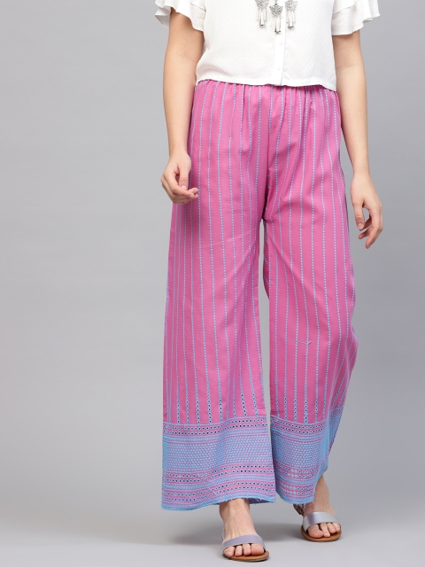 

Ishin Women Pink & Blue Embroidered Straight Palazzos