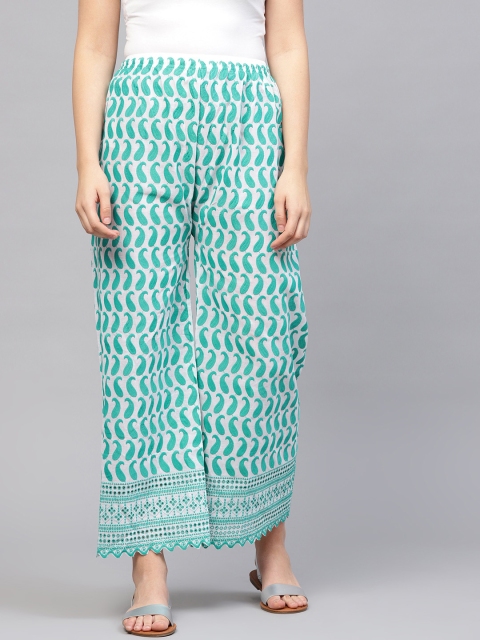 

Ishin Women White & Green Embroidered Straight Palazzos