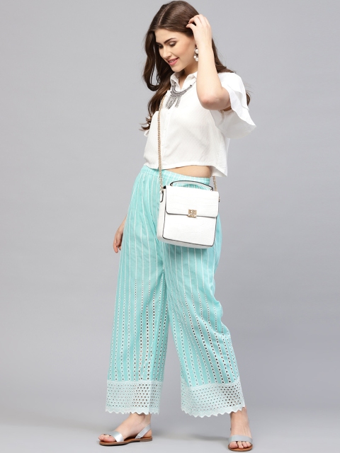 

Ishin Women Blue & White Embroidered Straight Palazzos
