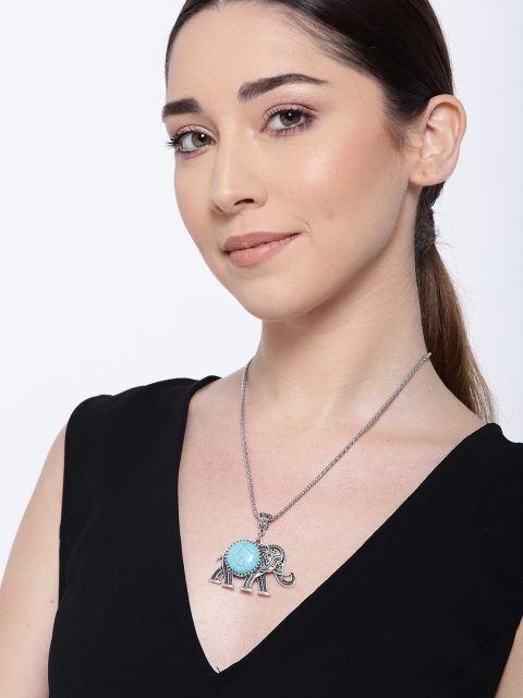 

Priyaasi Blue Oxidised Silver-Plated Stone-Studded Elephant-Shaped Pendant with Chain