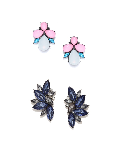 

OOMPH Pack Of Two Silver-Toned & Blue Floral Studs