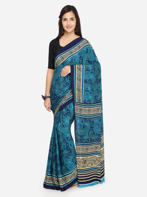 

Kvsfab Navy Blue & Teal Pure Crepe Printed Saree