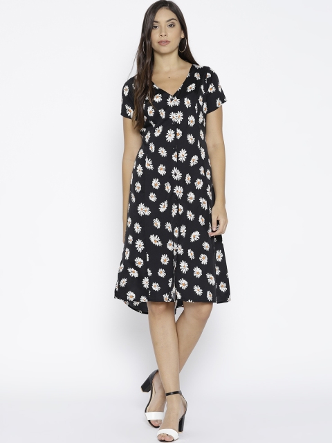 

U&F Women Black & White Floral Print A-Line Dress