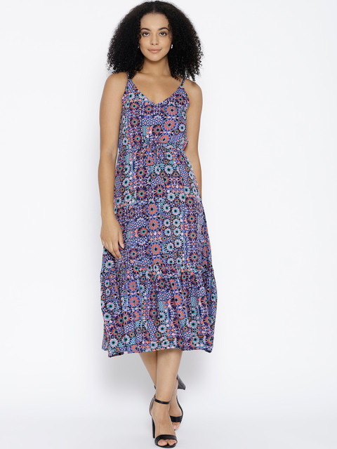 

U&F Women Blue & Orange Printed Fit and Flare Dress