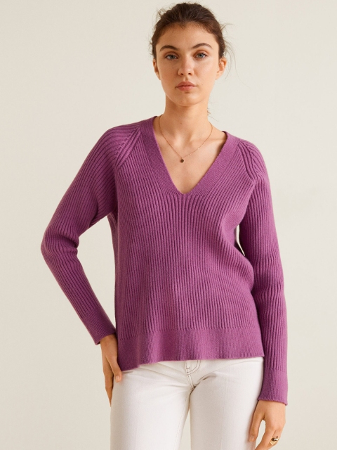 

MANGO Women Purple Ribbed Pullover Sweater