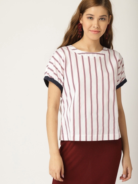 

MANGO Women White & Red Striped Styled Back Top