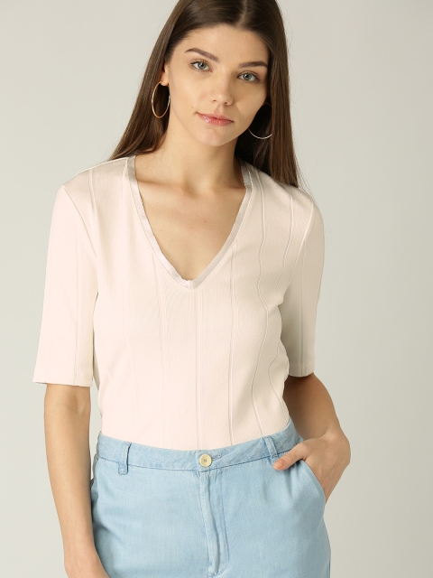 

MANGO Women Off-White Self-Striped Top