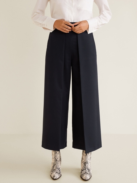

MANGO Women Navy Blue Loose Fit Solid Parallel Trousers