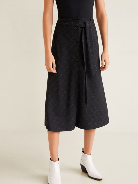 

MANGO Women Black & White Checked A-Line Skirt
