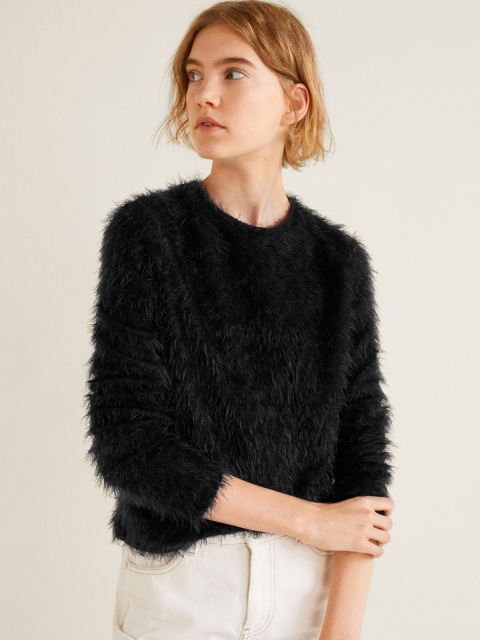 

MANGO Women Black Solid Fuzzy Pullover