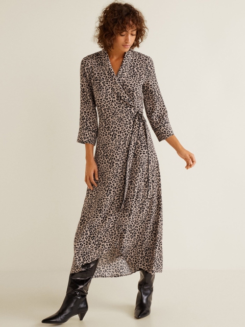 

MANGO Women Taupe & Black Animal Print Wrap Dress