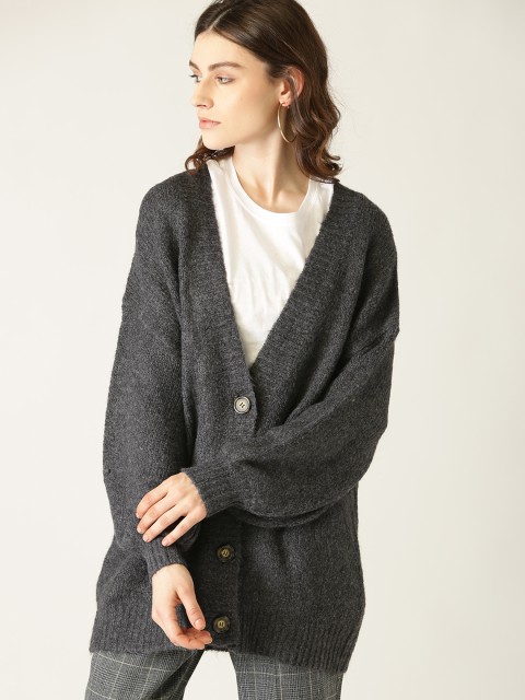 

MANGO Women Charcoal Grey Solid Cardigan
