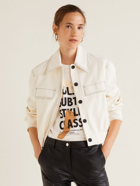 

MANGO Women White Printed Round Neck T-shirt