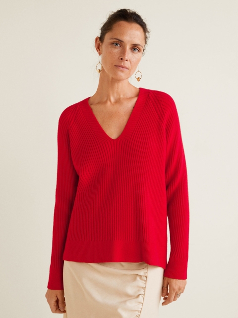 

MANGO Women Red Ribbed Pullover