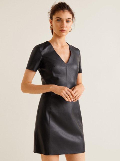 

MANGO Women Black Solid Coated Sheath Dress