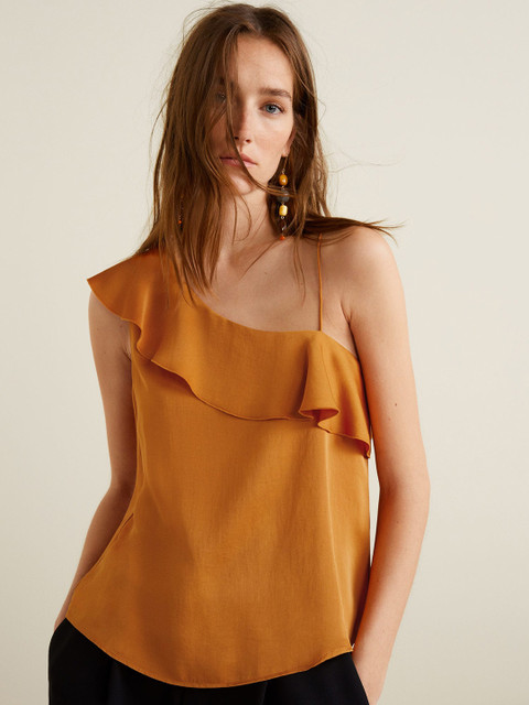 

MANGO Women Mustard Yellow Solid Ruffled One-Shoulder Top