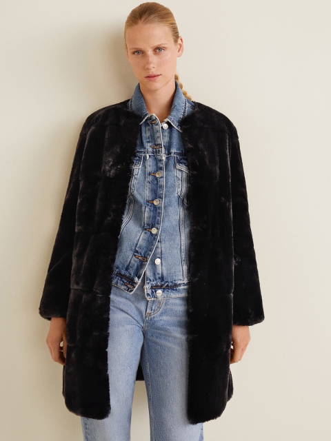 

MANGO Women Black Faux Fur Overcoat