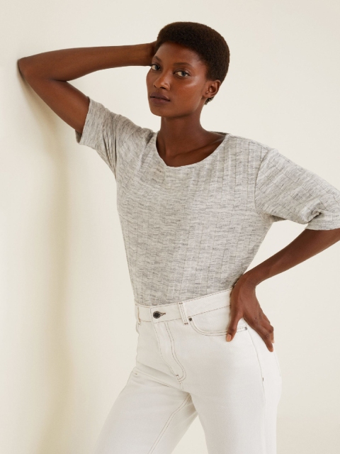 

MANGO Women Grey Melange Striped Round Neck T-shirt