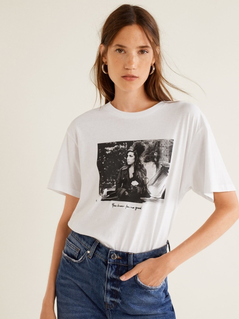 

MANGO Women White & Black Printed Round Neck T-shirt