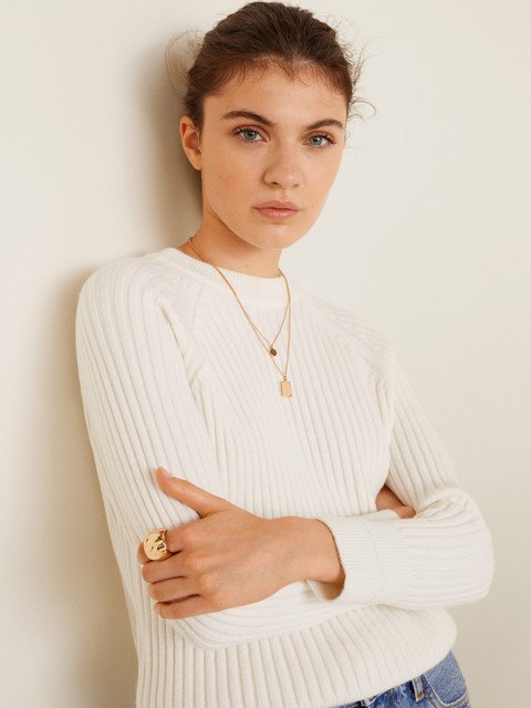 

MANGO Women Off-White Ribbed Pullover
