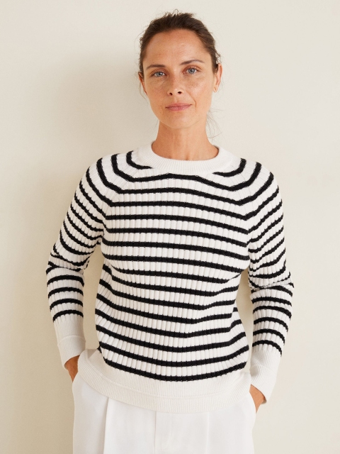 

MANGO Women White & Black Striped Sweater