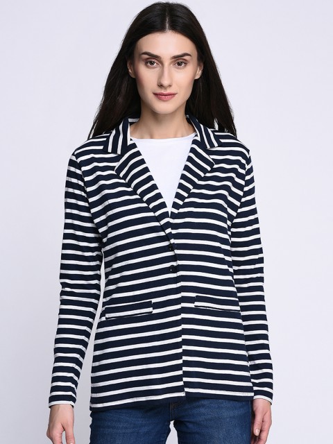 

Rigo Women Navy Blue & White Striped Open Front Shrug
