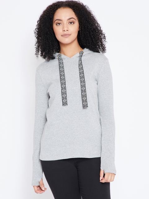 

Femella Women Grey Solid Hooded Sweatshirt
