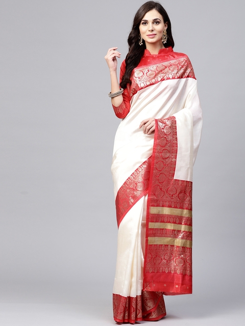 

Saree mall Cream-Coloured & Red Printed Kasavu Saree