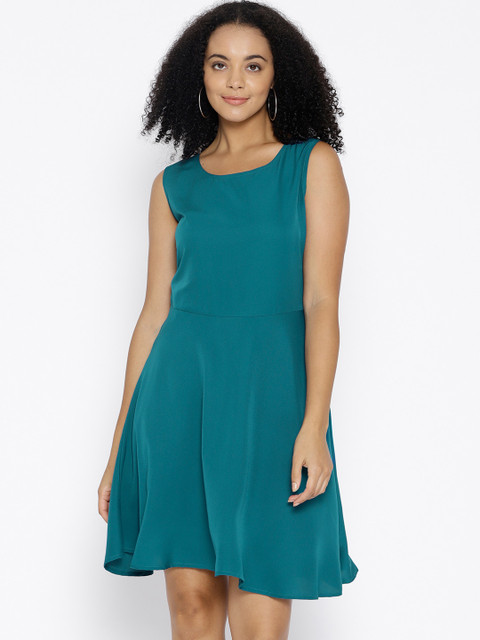 

U&F Women Teal Blue Solid Fit and Flare Dress