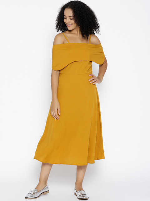 

U&F Women Mustard Yellow Off-Shoulder A-Line Dress